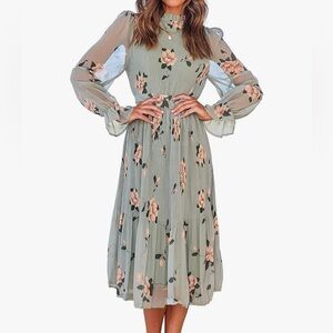 Sage floral A line pleated puff sleeve midi dress